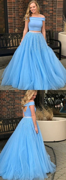 Custom Made Off Shoulder Pink/Sky Blue Prom Dresses With Beading,Two Piece Pink/Sky Blue Tulle Formal Dresses, Long Two Piece Beading Evening Dresses
