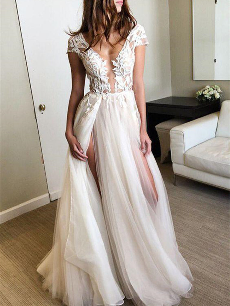 Custom Made Deep V Neck Cap Sleeves White Lace Long Prom Dresses, Open morievent Custom Made Deep V Neck Cap Sleeves White Lace Long Prom Dresses, Open morievent
