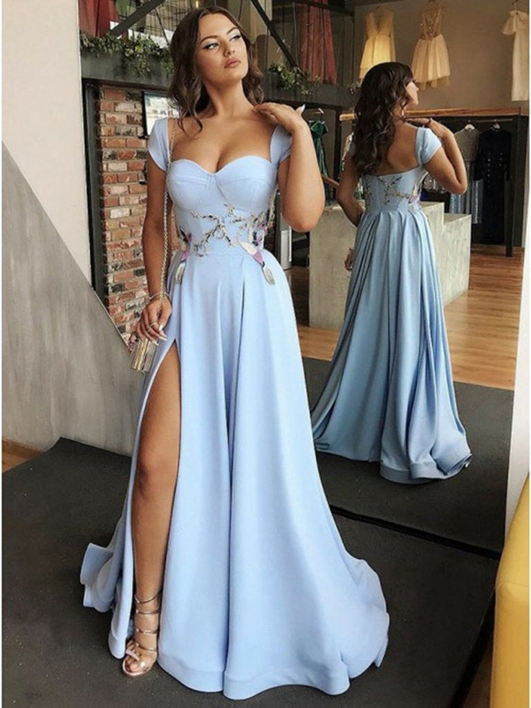 Custom Made Sweetheart Neck Light Blue Prom Dresses with Side Slit, Light Blue Cap Sleeves Long Evening Dresses, Light Blue Formal Graduation Dresses Custom Made Sweetheart Neck Light Blue Prom Dresses with Side Slit, Light Blue Cap Sleeves Long Evening Dresses, Light Blue Formal Graduation Dresses