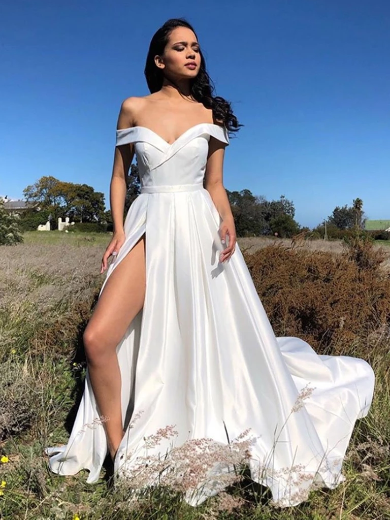 Off Shoulder White Satin Long Prom Dresses with High Split, Off the Sh – morievent