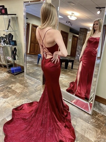 Mermaid Burgundy Backless Long Prom Dresses with Sweep Train, Open Back Wine Red Mermaid  Long Formal Evening Dresses