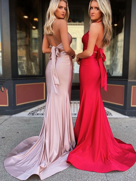 Mermaid V Neck Halter Backless Red/Pink Long Prom Dresses, Backless Mernaid Pink/Red Formal Evening Graduation Dresses