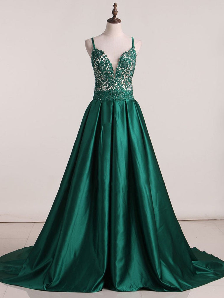 V Neck Green Lace And Satin Long Prom Dress, V Neck Green Lace And Satin Long Evening Dress