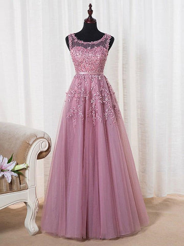 Pink round neck applique beaded tulle long prom dresses, Pink applique beaded tulle evening dresses