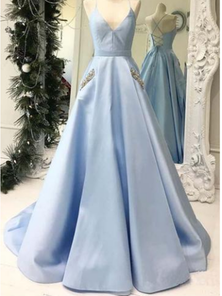 V Neck Sky Blue Satin Long Prom Dresses with Pocket Beaded,  Sky Blue Formal Evening Dress