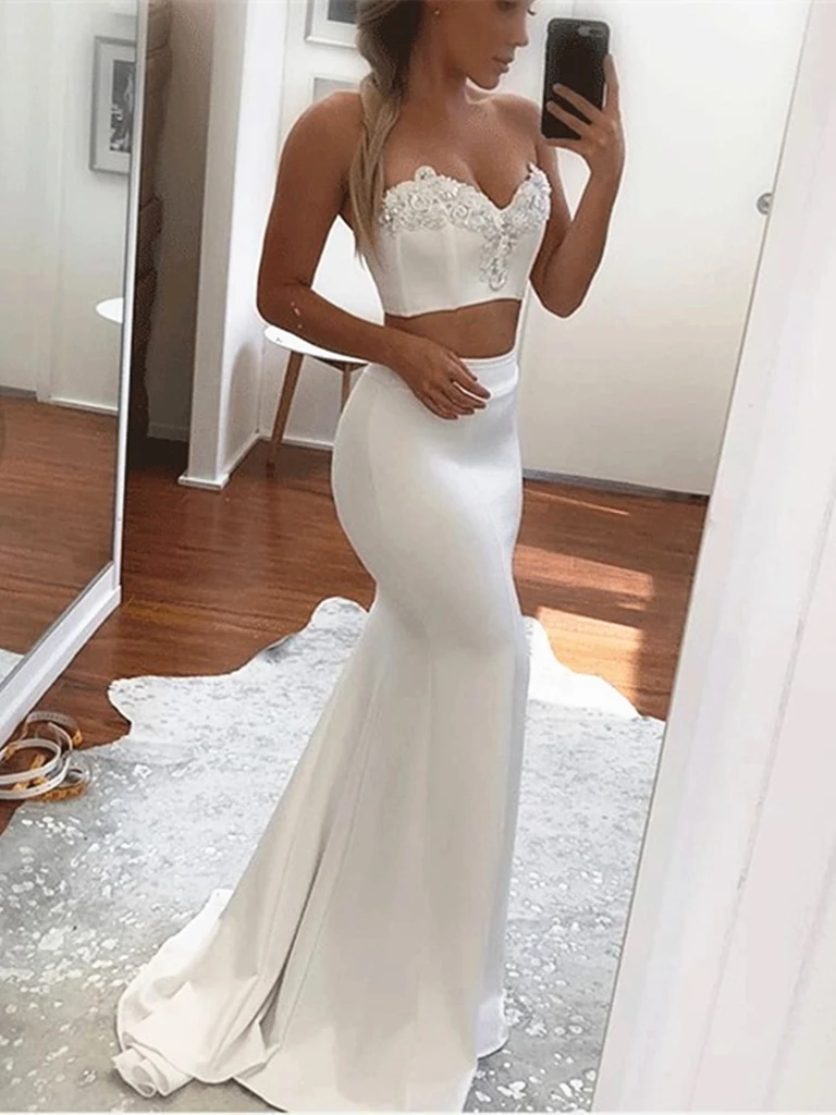 Sweetheart Neck White 2 Pieces Mermaid Prom Dresses, Two Pieces Mermaid Beading Long Formal Evening Dresses