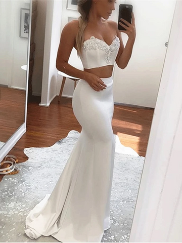 Sweetheart Neck White 2 Pieces Mermaid Prom Dresses, Two Pieces Mermaid Beading Long Formal Evening Dresses