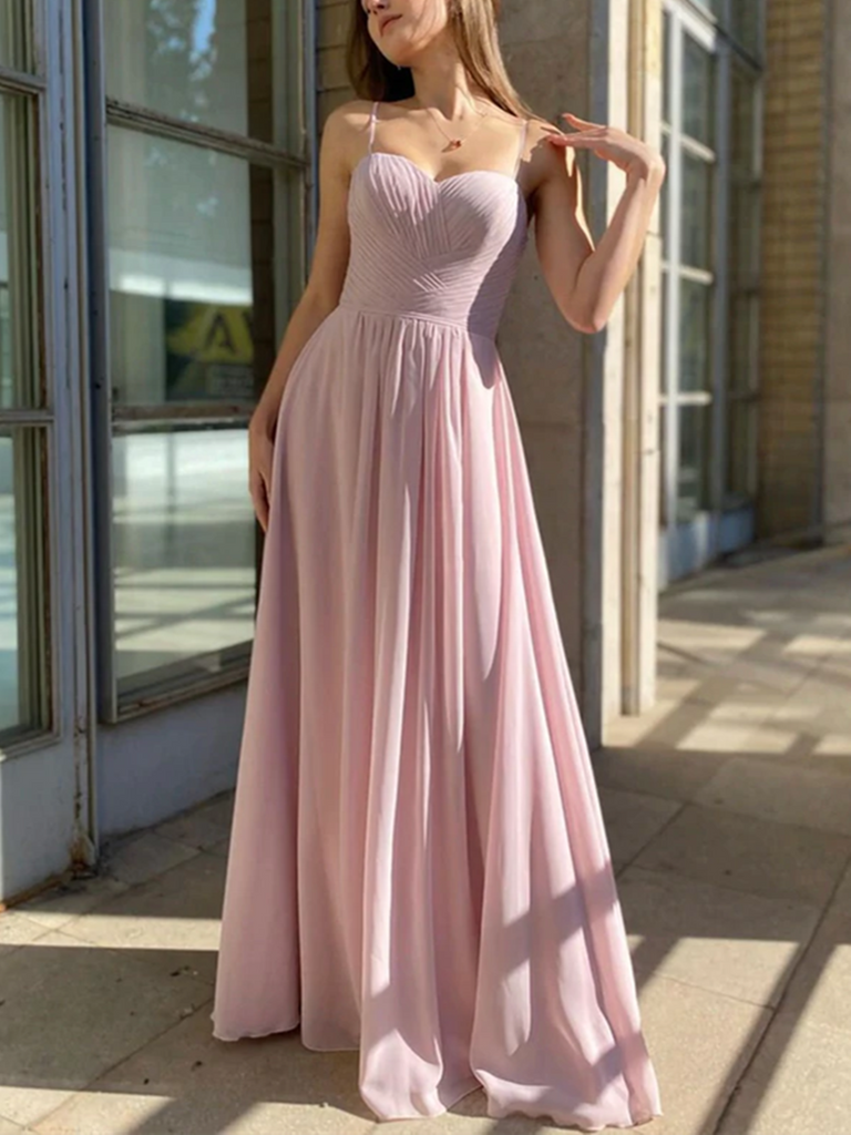 Pink Chiffon Long Prom Dresses, Pink Chiffon Long Formal Evening Dresses
