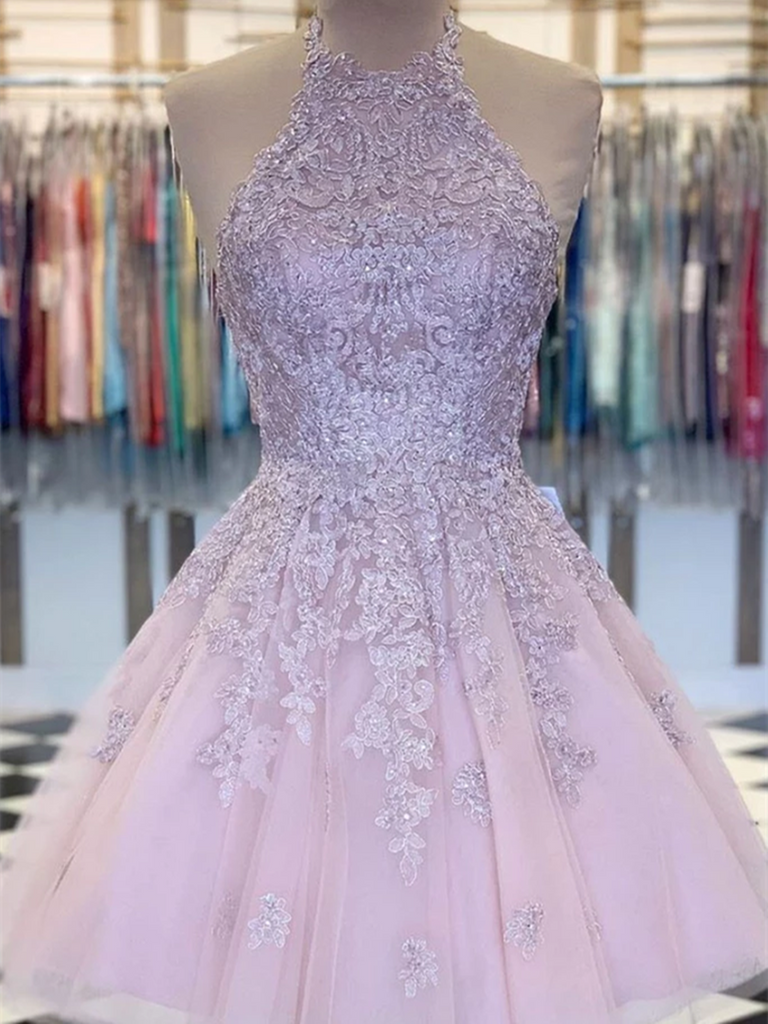 Pink Tulle Lace Short Prom Dresses,  Pink Tulle Lace Short Homecoming Evening Dresses