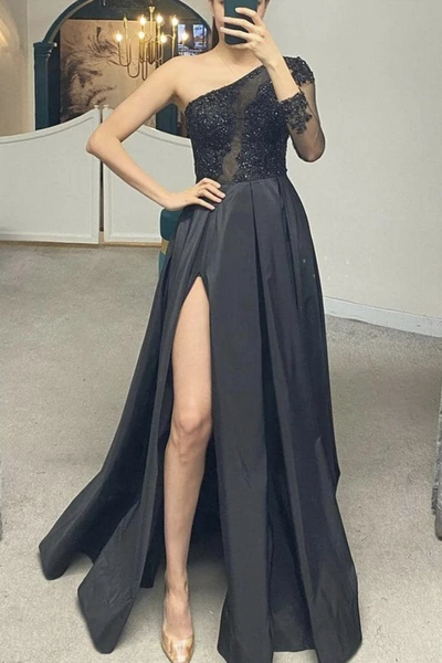 One Shoulder Black Lace Long Prom Dresses, One Shoulder Black Lace Long Formal Evening Dresses