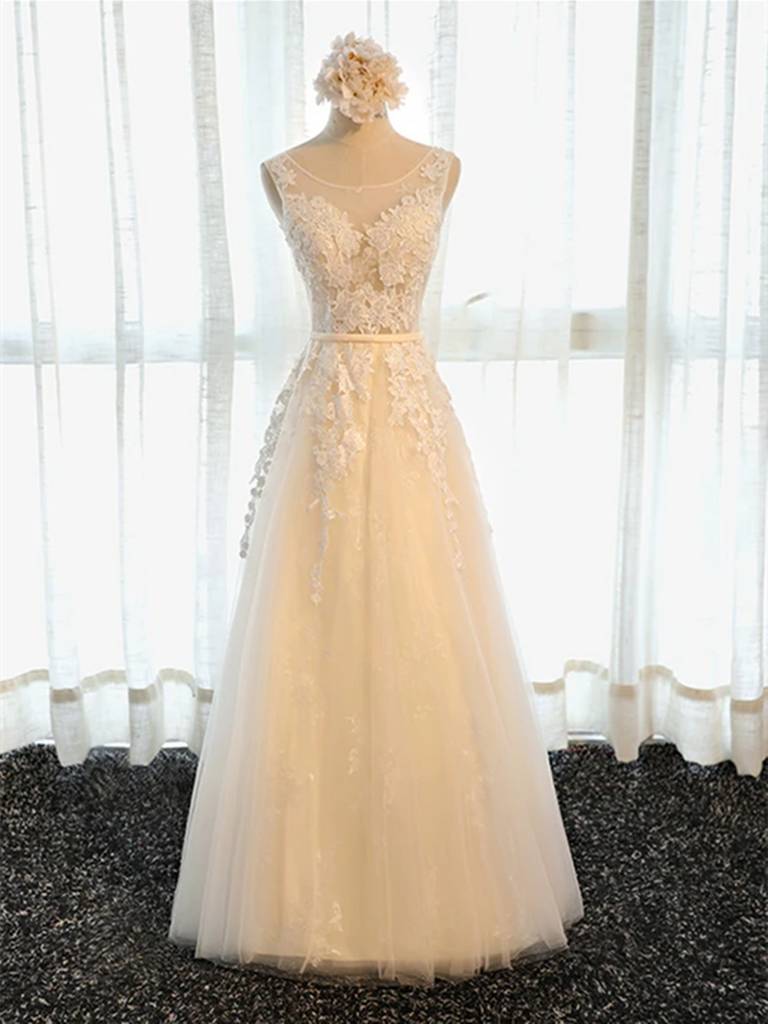 A Line Round Neck Champagne Tulle Lace Long Prom Dresses with Corset B morievent A Line Round Neck Champagne Tulle Lace Long Prom Dresses with Corset B morievent