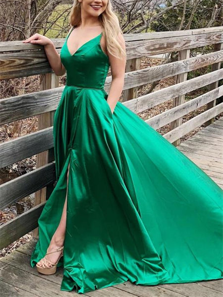 V Neck Backless Green Satin Long Prom Dresses 2020 with Leg Slit, Open Back Green Formal Graduation Evening Dresses