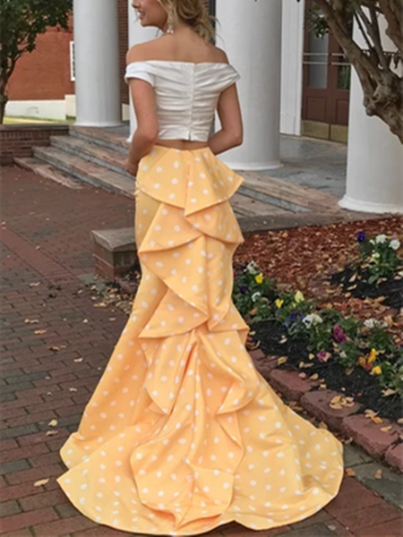 Sexy Two Pieces Off the Shoulder White and Yellow Mermaid Prom Dresses,Two Pieces Off Shoulder Evening Dresses