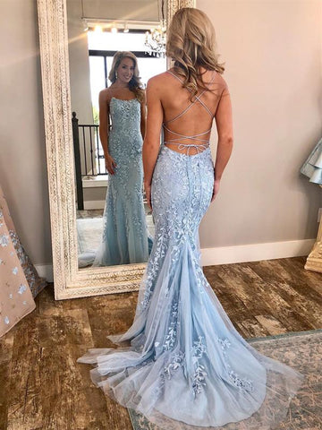 Blue Lace Mermaid Long Prom Dress, Blue Mermaid Formal Dress, Lace Evening Dress