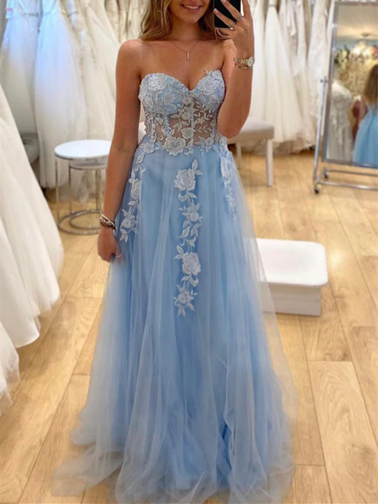 Sweetheart Neck Blue Tulle Lace Floral  Long Prom Dresses, Sweetheart Neck Blue Tulle Lace Long Formal Evening Dresses