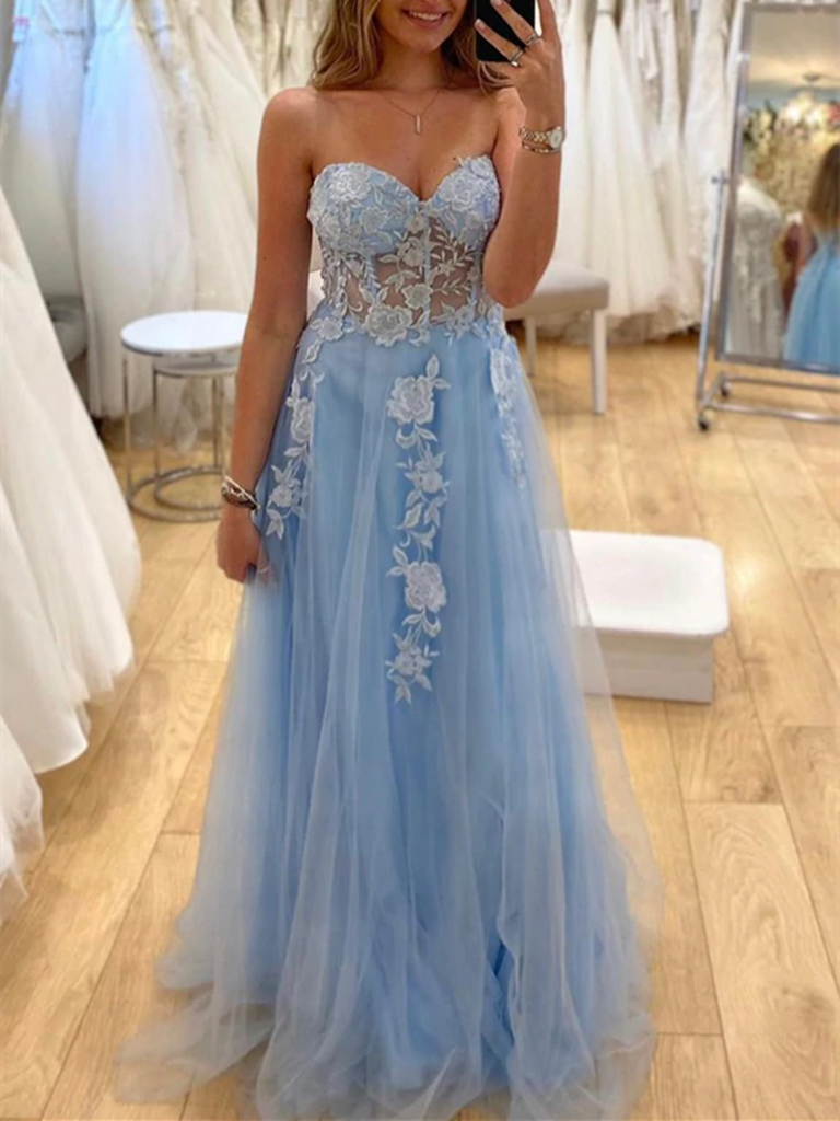 Sweetheart Neck Blue Tulle Lace Floral Long Prom Dresses, Sweetheart N morievent Sweetheart Neck Blue Tulle Lace Floral Long Prom Dresses, Sweetheart N morievent