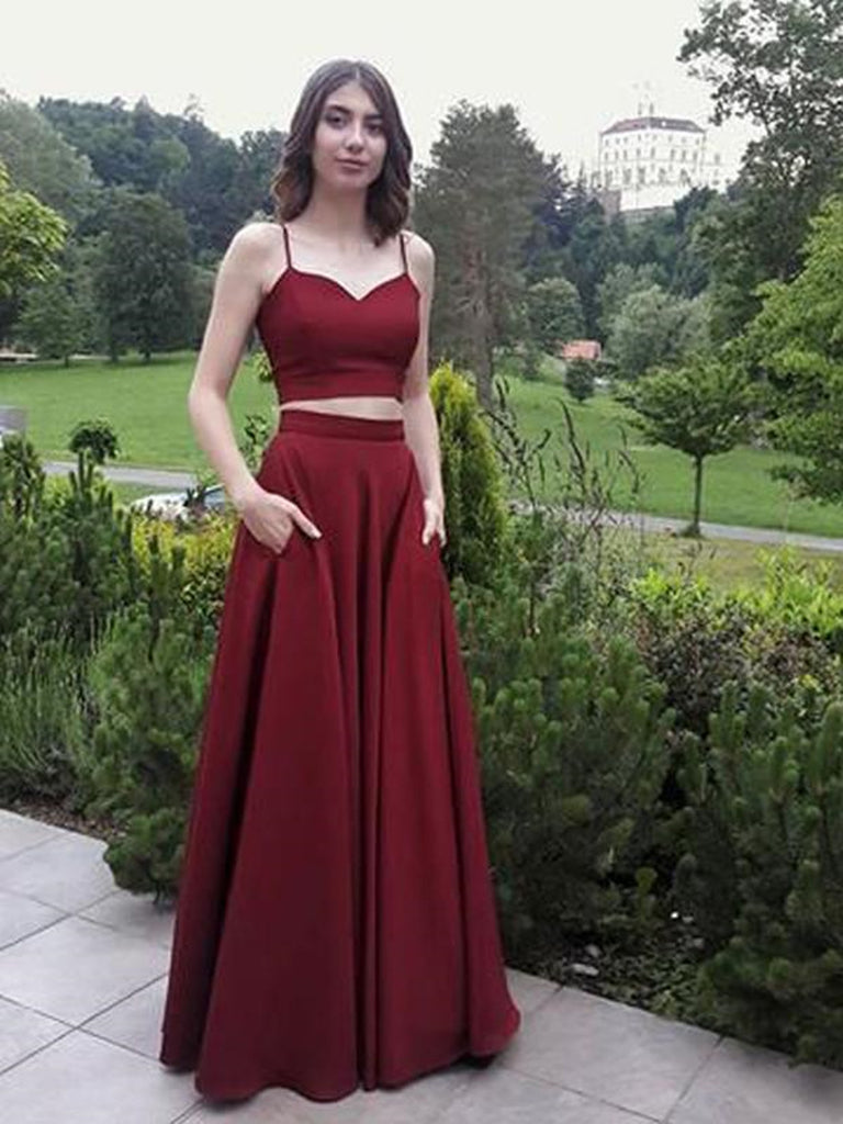 A line Two Pieces Spaghetti Straps Prom Dresses with Pockets, Burgundy morievent A line Two Pieces Spaghetti Straps Prom Dresses with Pockets, Burgundy morievent