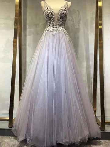 V neck tulle lace long prom dress, V neck tulle lace formal evening dress