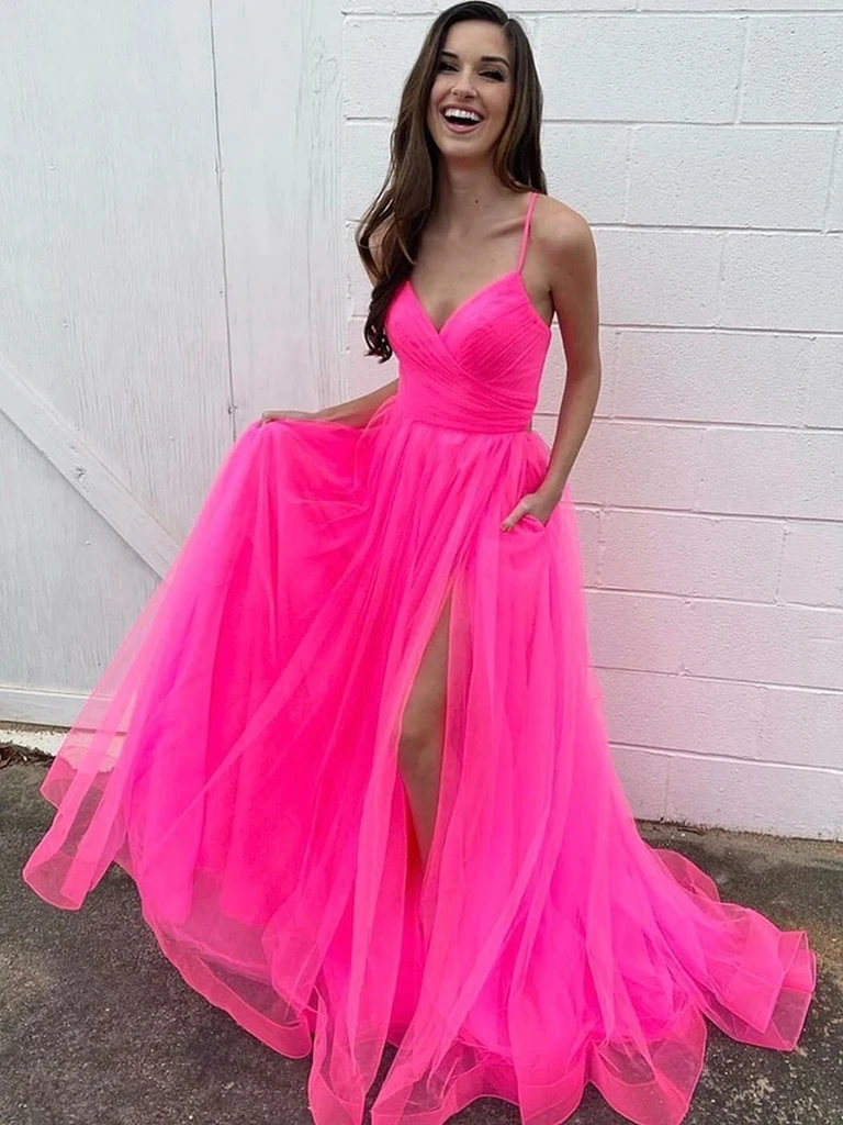 V Neck Hot Pink Long Prom Dresses with High Leg Slit, V Neck Hot Pink morievent V Neck Hot Pink Long Prom Dresses with High Leg Slit, V Neck Hot Pink morievent