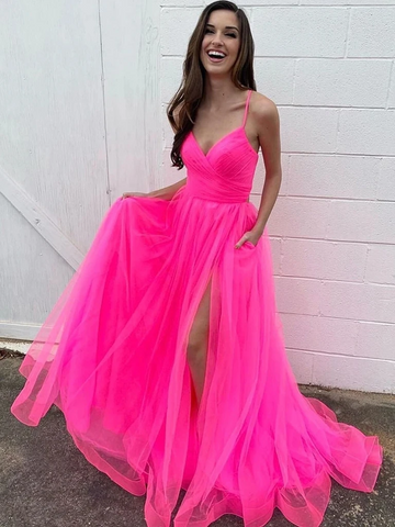 V Neck Hot Pink Long Prom Dresses with High Leg Slit, V Neck Hot Pink Formal Evening Dresses