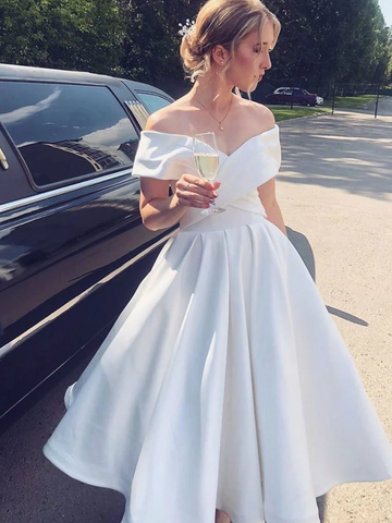 White Satin Off the Shoulder Tea Length Prom Dresses, Off Shoulder White Formal Graduation Homecoming Dresses