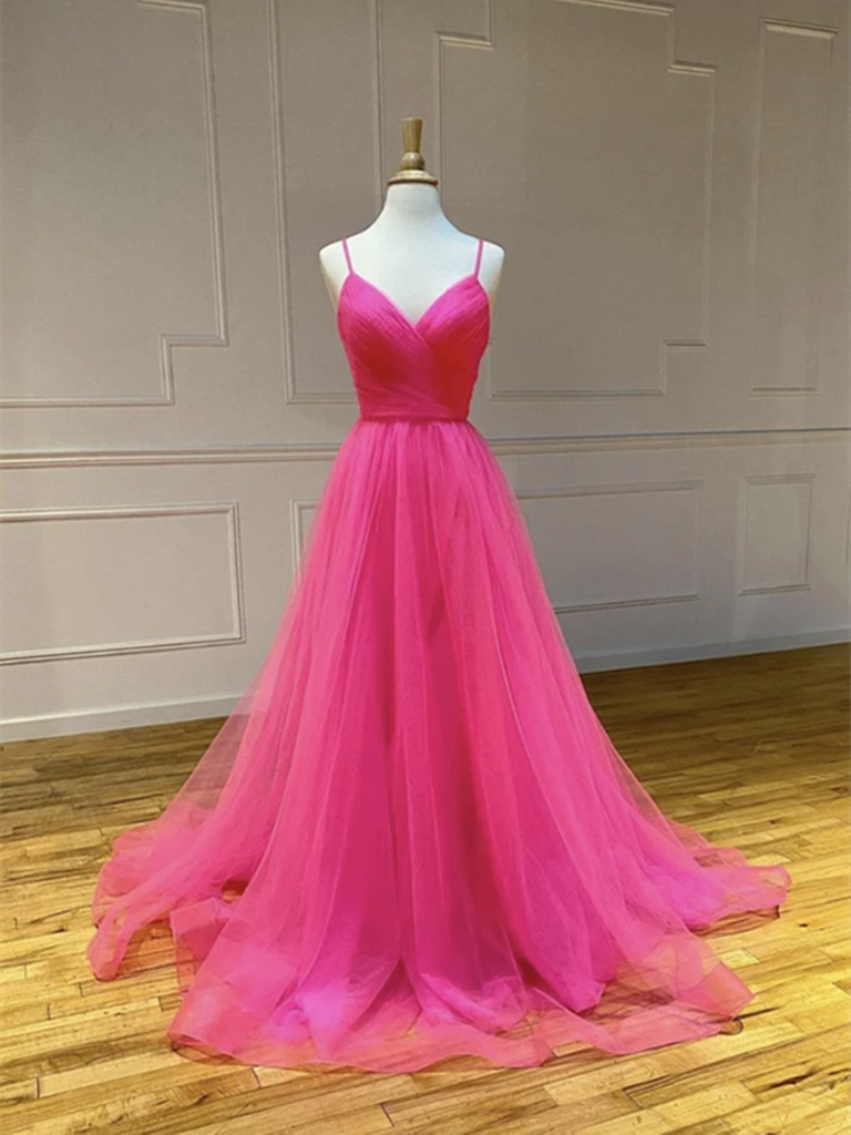 V Neck Hot Pink Tulle Long Prom Dresses,  Backless Hot Pink Tulle Formal Evening Graduation Dresses