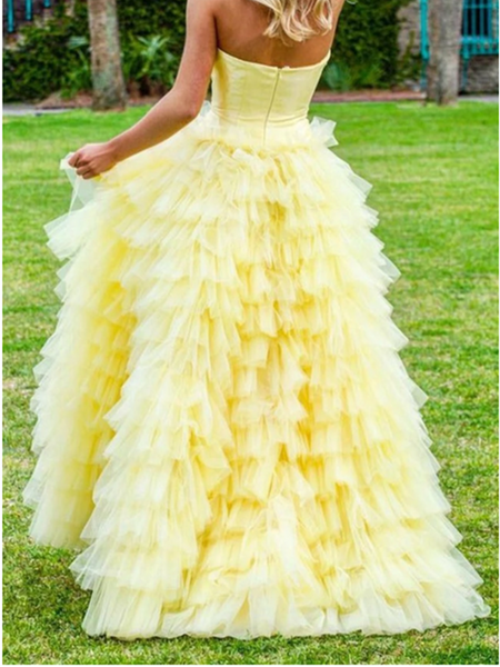 Yellow Ball Gown Strapless Satin Tulle Tiered Floor Length Prom Dresses，Yellow Ball Gown Strapless Satin Tulle Formal Evening Dresses