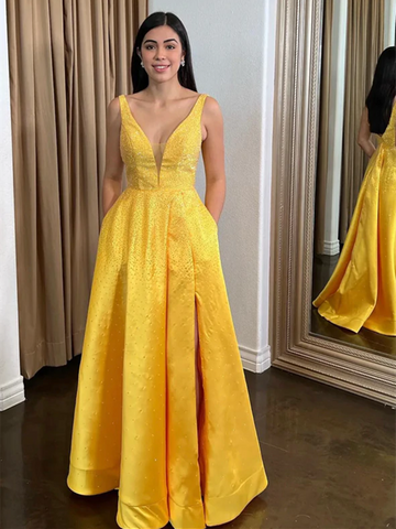 A Line Yellow Satin Beads Long Prom Dresses, A Line Yellow Satin Beads Long Formal Evening Dresses