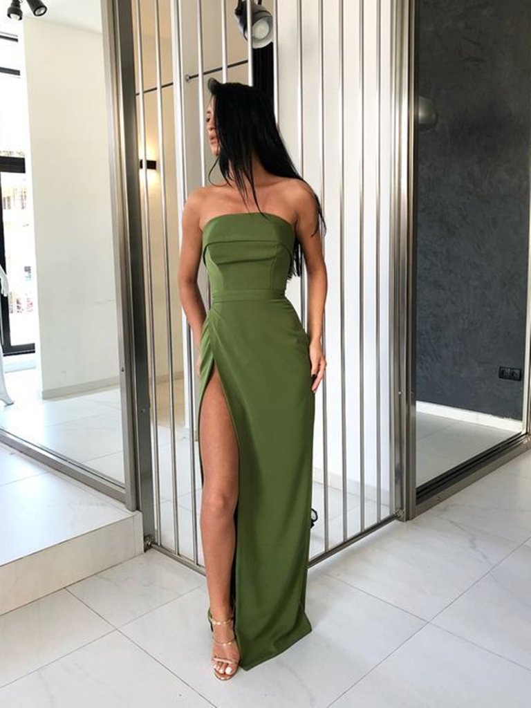 Strapless Green Prom Dresses with Leg Slit, Strapless Green Formal Evening Dresses