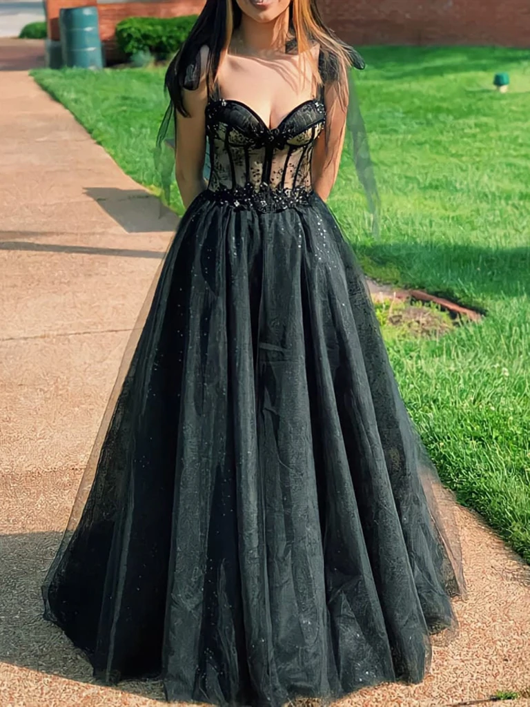 Black Tulle Long Prom Dress, Black Short Sleeve Graduation Dress US 4 / Custom Color