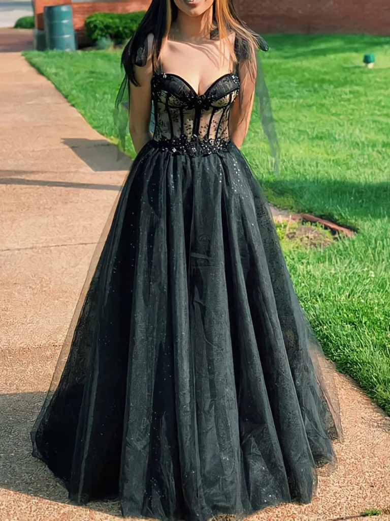 Sweetheart Neck Black Tulle Long Prom Dresses, Black Lace Long Formal Graduation Dresses