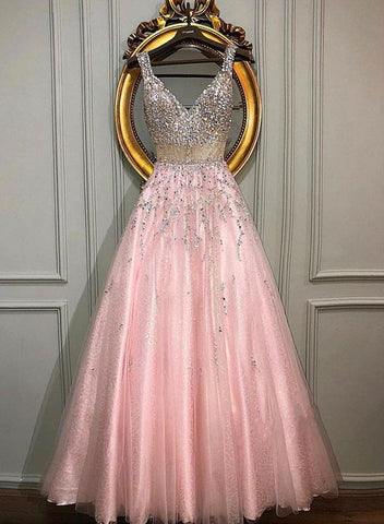 Pink v neck beaded long prom dress, pink  v neck beaded long formal evening dress