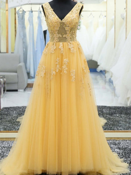 V Neck Yellow Lace and Tulle Long Ball Gowns,Yellow Lace and Tulle Prom Dresses, Evening Dresses 