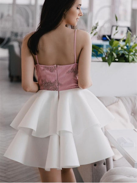 V neck white and pink short prom dresses, white and pink homecoming dresses