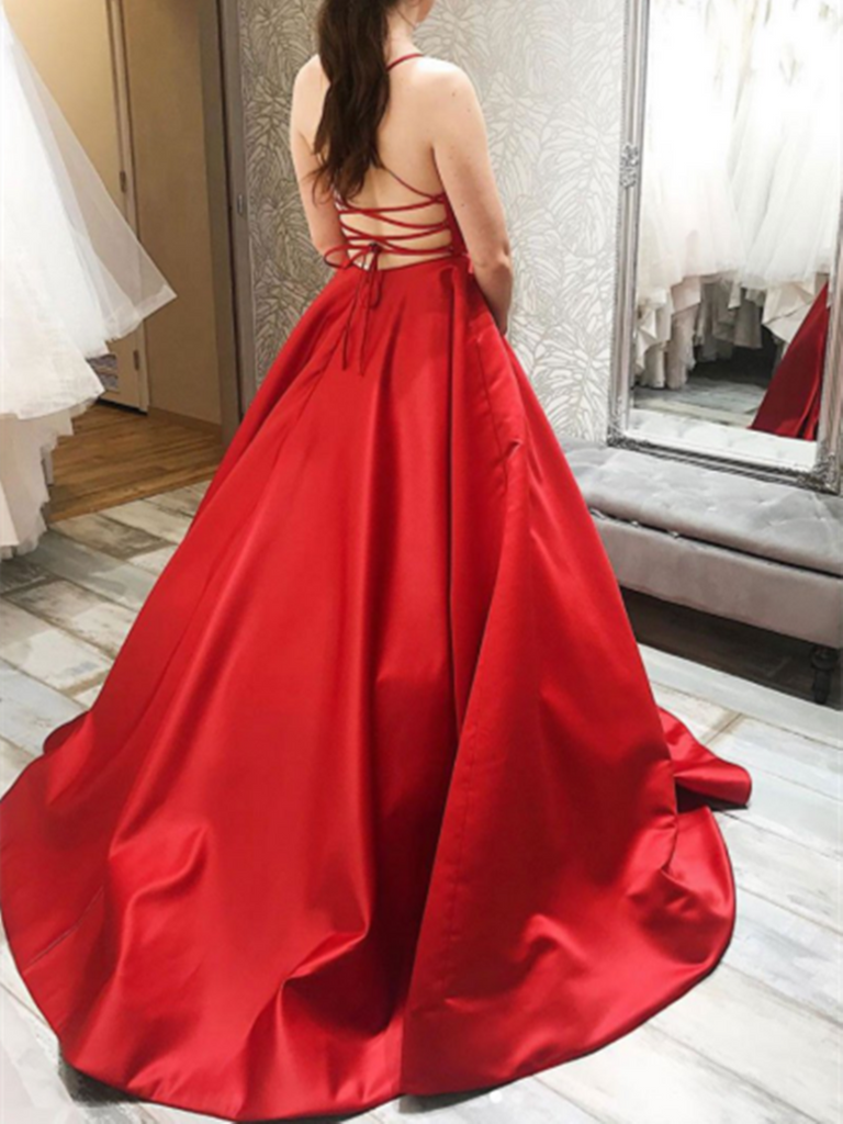 red backless dress prom Lace Dresses, Red Backless Lace Formal Evening Graduation Dresses, US 8 / Red as Pics / With Rush+$19.99 Sweep Train Neckline Sexy Red Halter Backless Evening