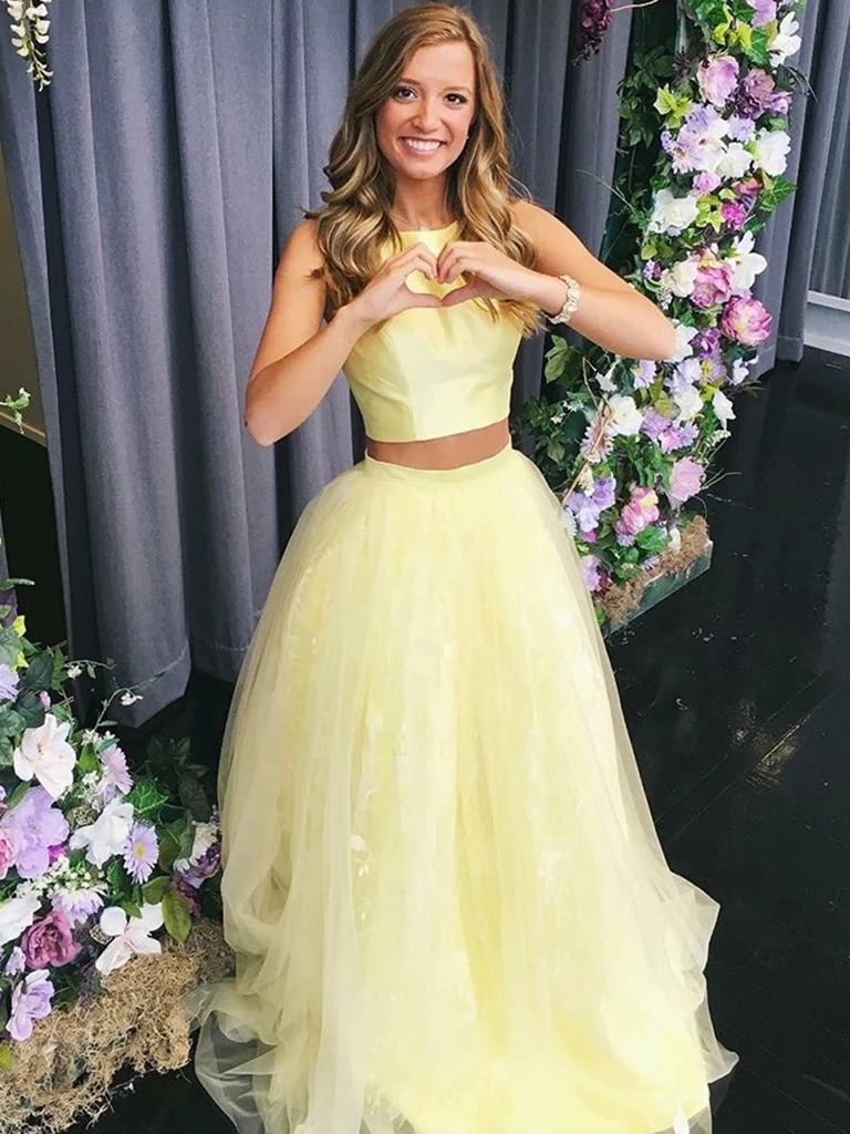 Round Neck Two Pieces Yellow Long Prom Dresses, 2 Pieces Yellow Formal  Evening Dresses