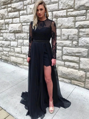 Round Neck Long Sleeves Open Back Lace Black Prom Dresses with Slit, Long Sleeves Black Lace Formal Evening Dresses