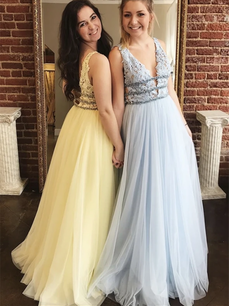 A Line V Neck Yellow Light Blue Tulle Lace Prom Dresses Lace Yellow Light Blue Tull Long Formal Evening Party Dresses