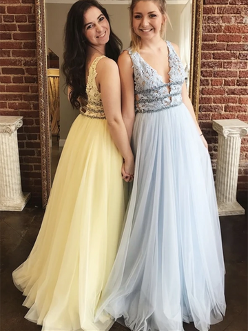 A Line V Neck Yellow/Light Blue Tulle Lace Prom Dresses, Lace Yellow/Light Blue Tull Long Formal Evening Party Dresses