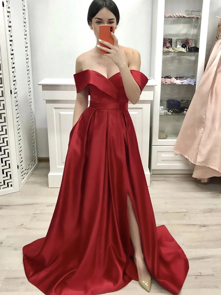 A Line Red Off Shoulder Long Prom Dresses with High leg Slit, Red Off the Shoulder Formal Evening Graduation Dresses
