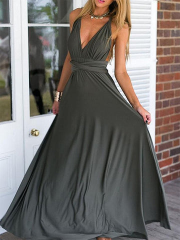A Line V Neck Grey Chiffon Tying Long Prom Dresses, Grey Chiffon  Formal Evening Dresses