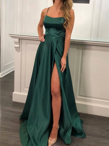 Simple Green Satin Long Prom Dresses With Leg Slit,  Green Satin Long Formal Evening Dresses
