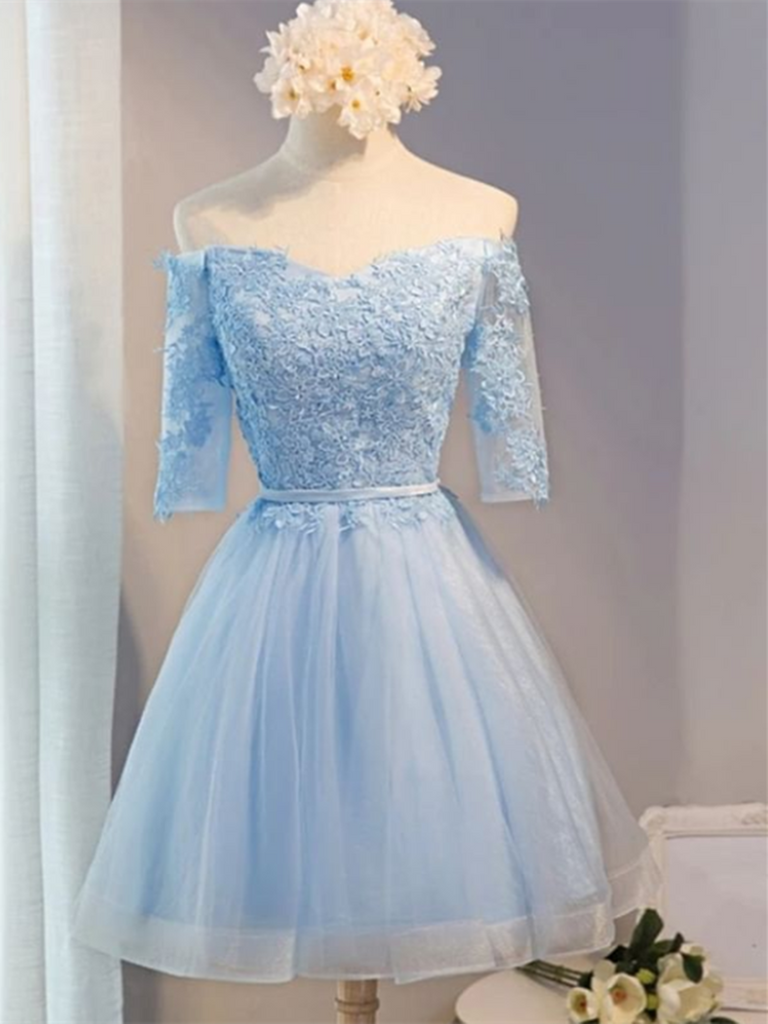 A Line Off Shoulder Light Blue Lace Knee Length Short Prom Dresses, Of morievent A Line Off Shoulder Light Blue Lace Knee Length Short Prom Dresses, Of morievent