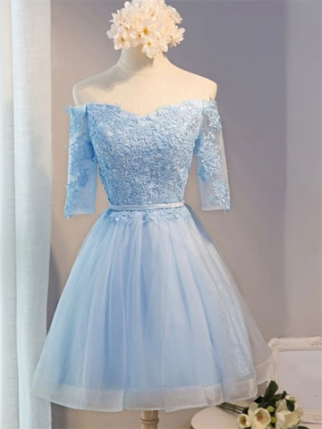 A Line Off Shoulder Light Blue Lace Knee Length Short Prom Dresses, Off the Shoulder Half Sleeves Light Blue Tulle Homecoming Dresses 2020 with Appliques