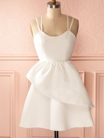 A Line White Short Backless Prom Dress With Double shoulder strap, Short Backless Formal Homecoming Graduation Dresses