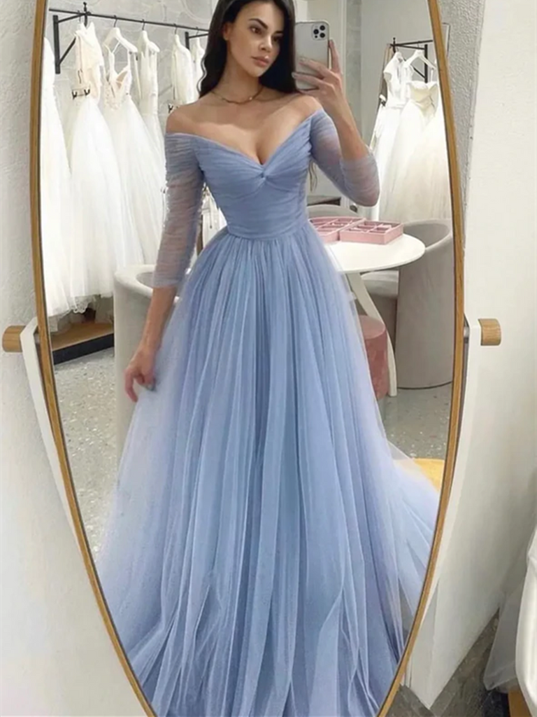 A Line Blue Tulle Long Prom Dresses, A Line Blue Tulle Long Formal Evening Dresses