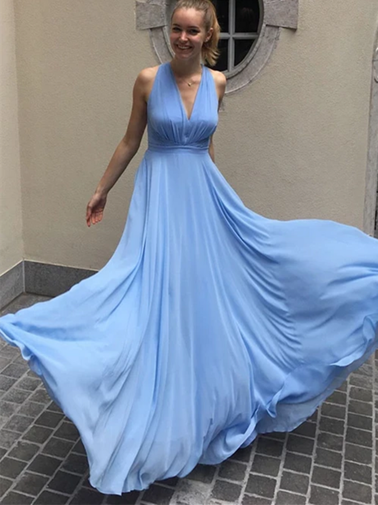 Simple Blue Chiffon Long Prom Dresses,  Blue Chiffon Long Formal Evening Dresses