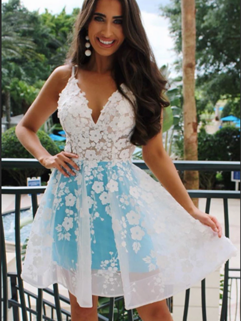 Blue V Neck Tulle White Lace Short Prom Dress, V Neck Lace Homecoming Dress