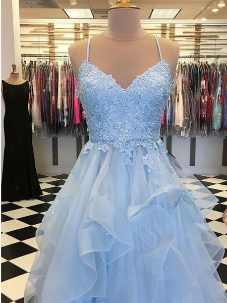 Blue sweetheart neck tulle lace long prom dress, Blue tulle lace evening dress