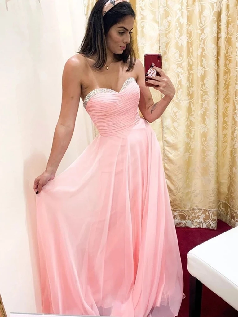 A Line Strapless Sweetheart Neck Pink Chiffon Beads Long Prom Dresses , Strapless Pink Formal Graduation Evening Dresses